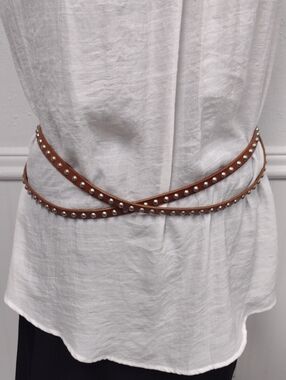 Studded Tan Leather Waist Belt with Silver Buckle